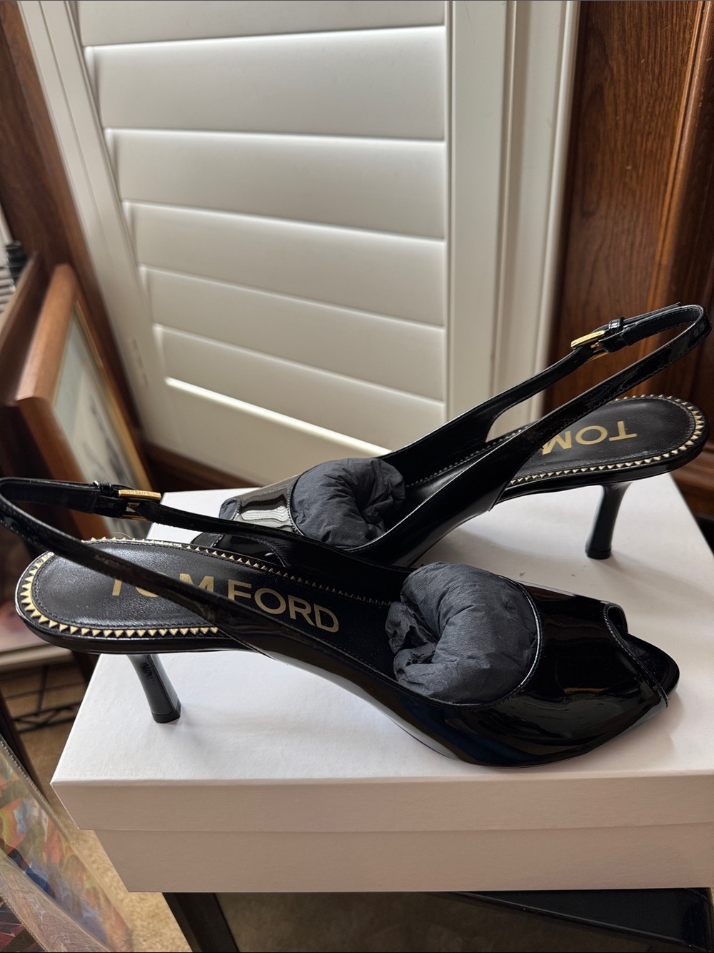 Tom Ford Black Patent Peep-Toe Slingback Heels